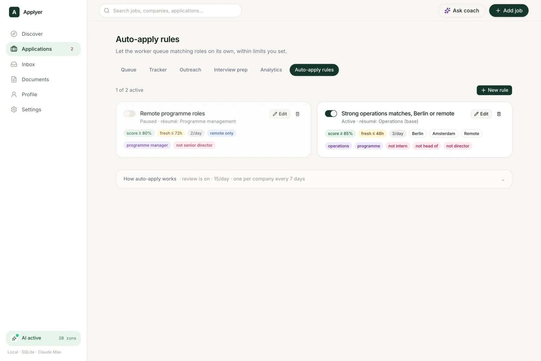 Two auto-apply rules with score, freshness, daily cap and title conditions
