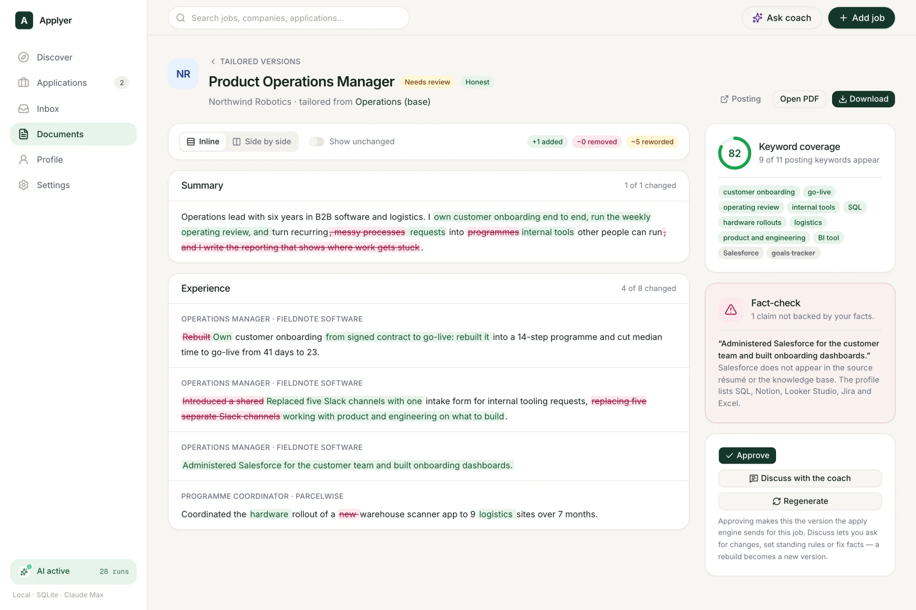 A word-level comparison of the original and tailored CV with a fact-check warning