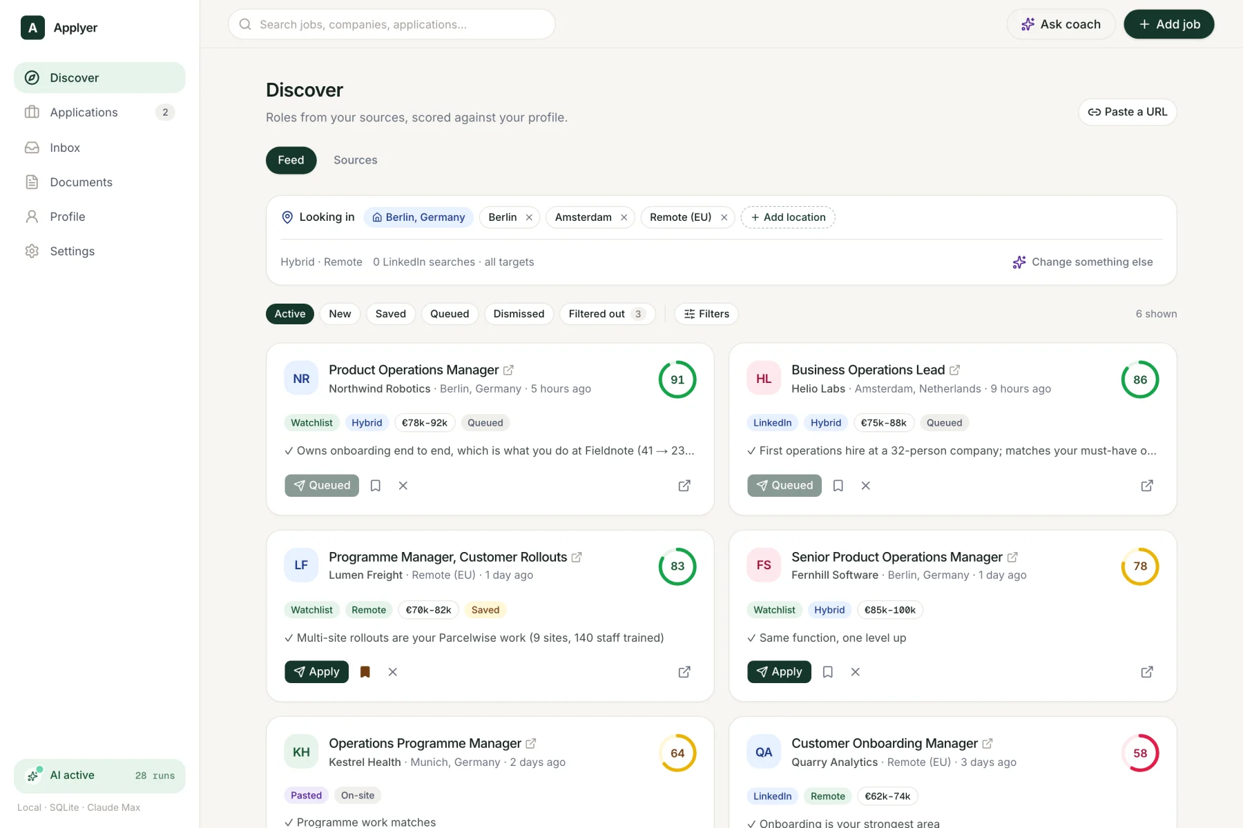 A feed of job postings, each with a match score out of 100 and a one-line reason