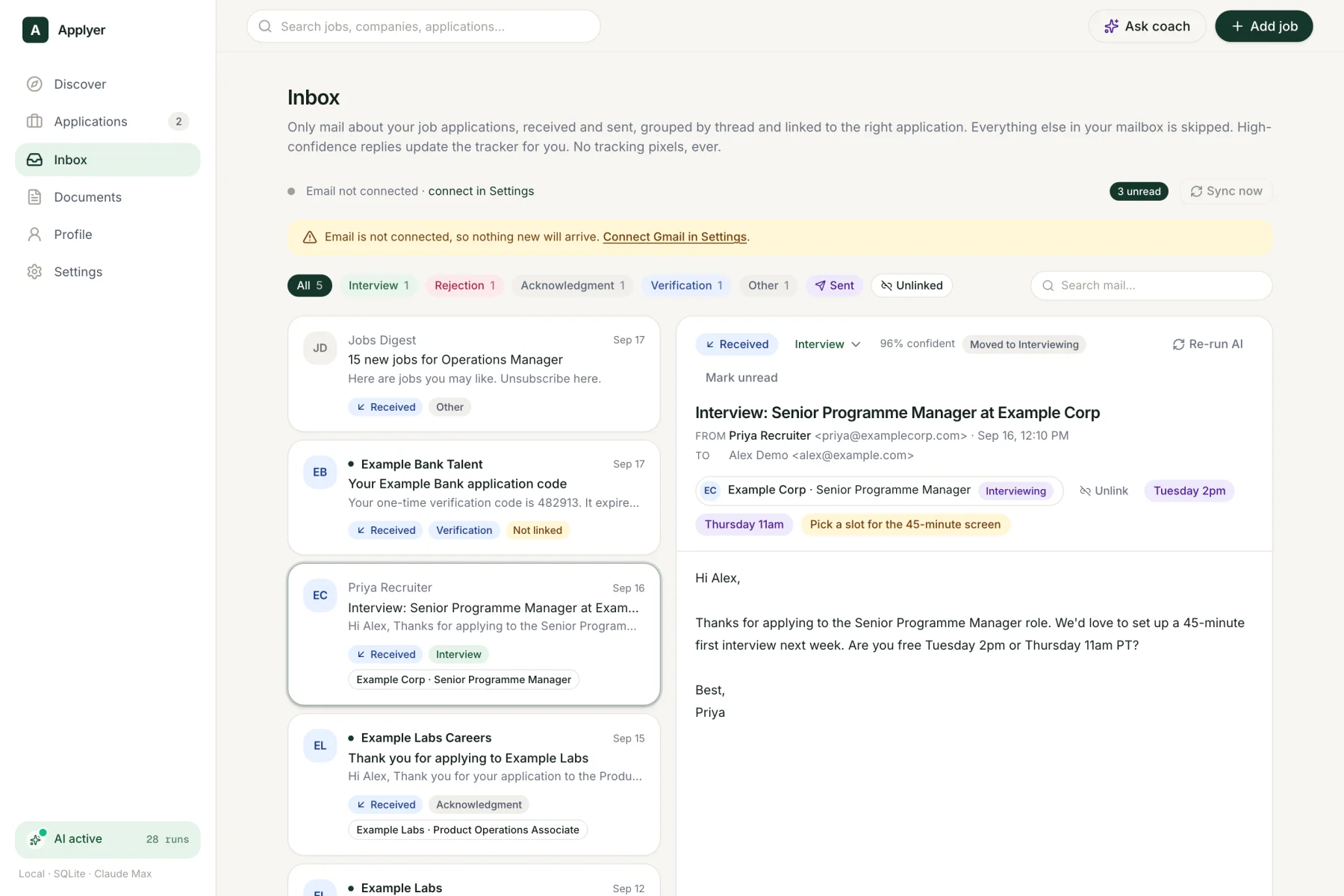 An inbox with a recruiter email classified as an interview invitation and linked to an application