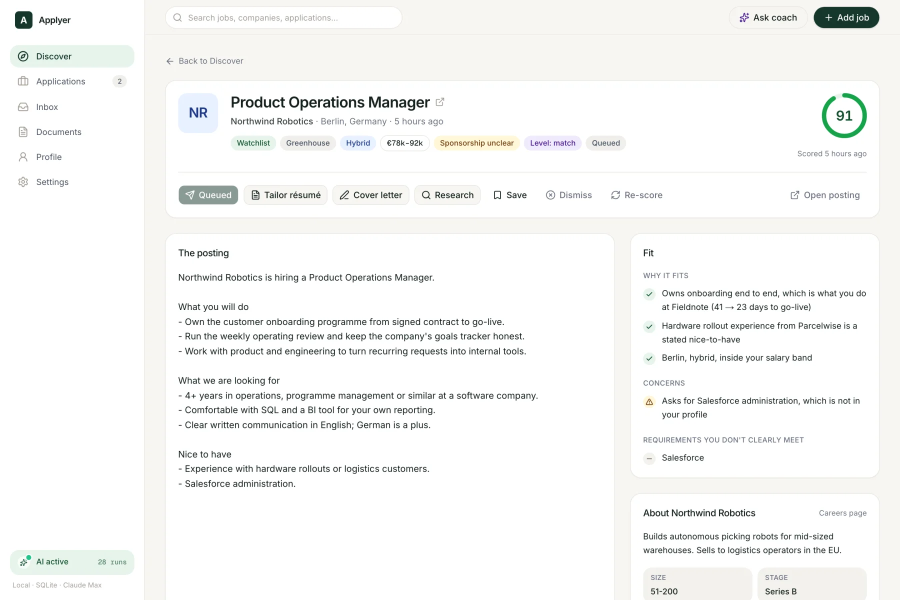 A job detail page with the posting on the left and the fit analysis on the right