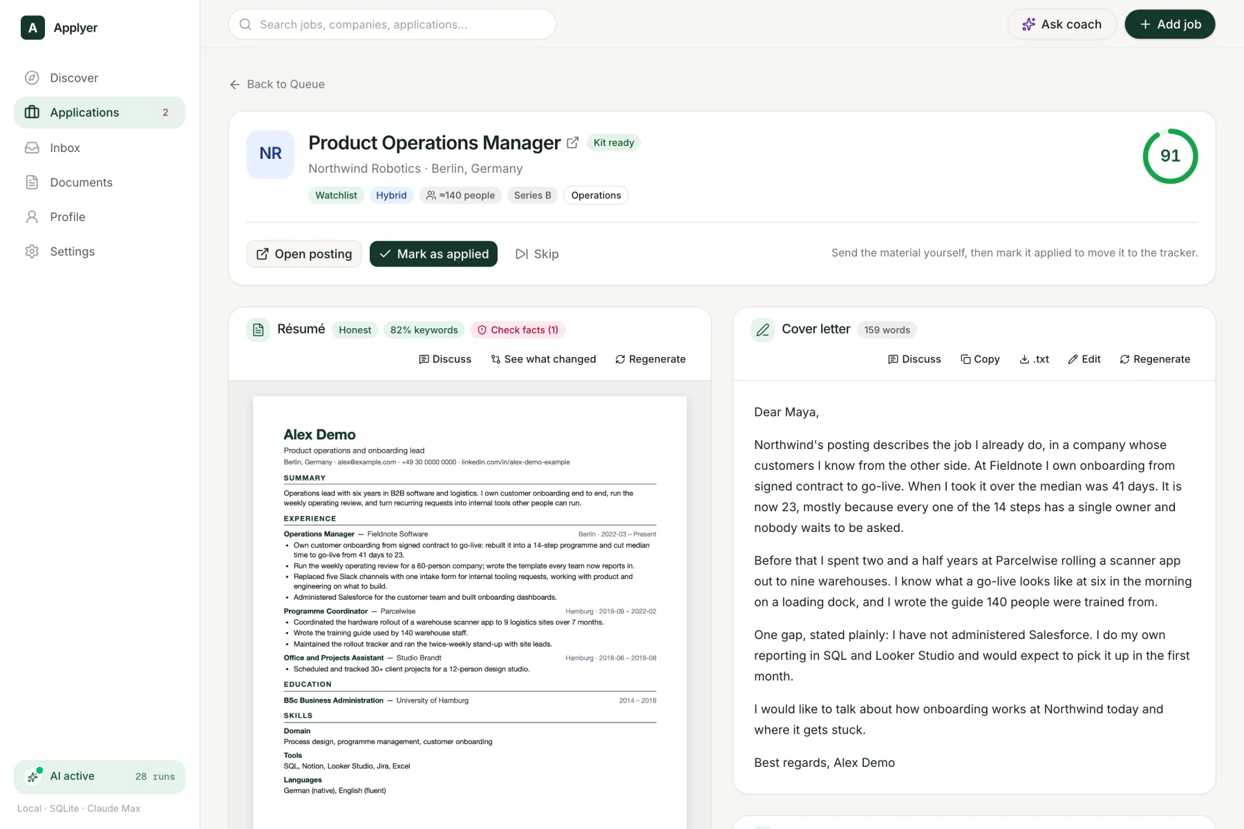 An application kit showing a tailored CV preview next to a cover letter