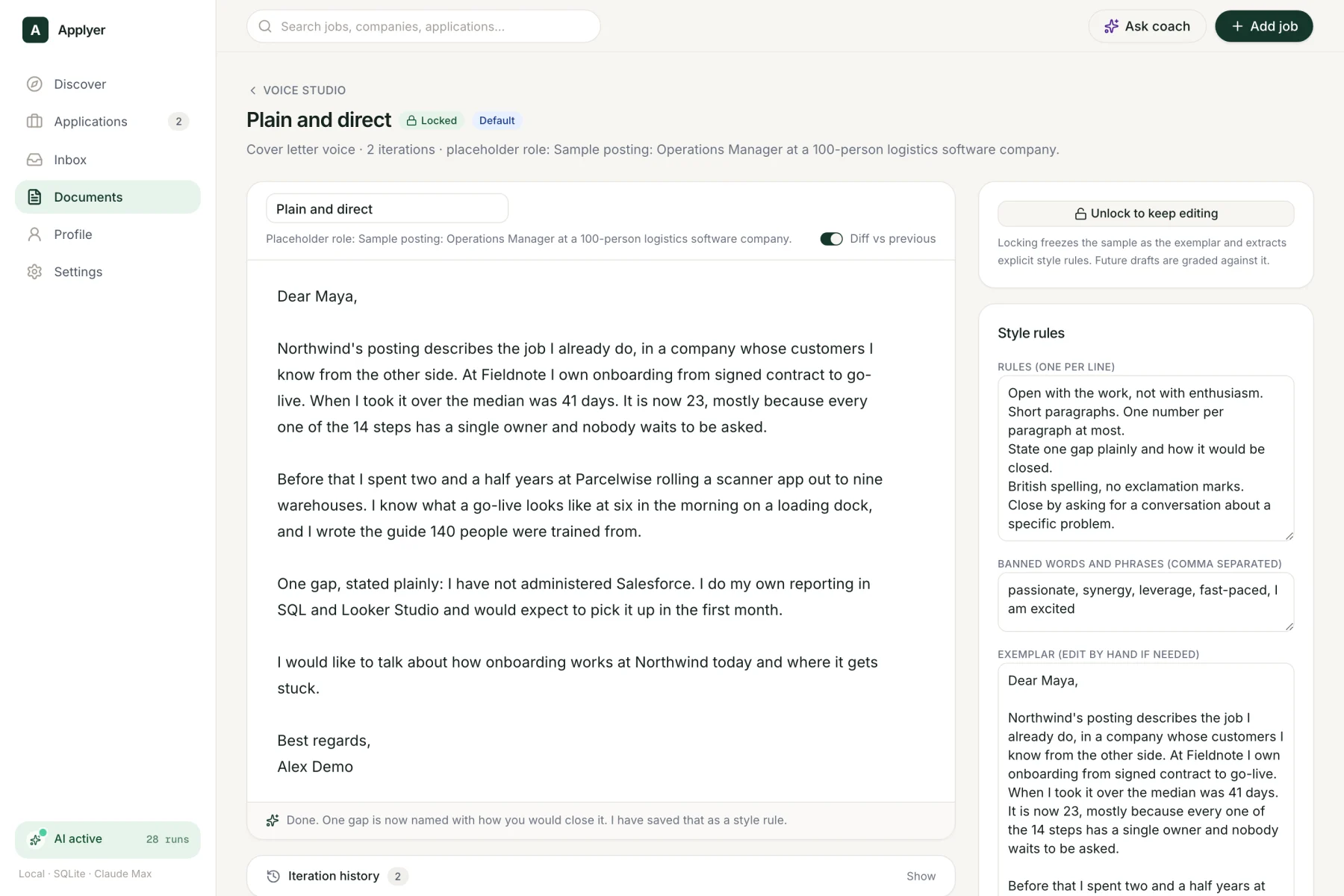 Voice Studio with a locked sample letter, style rules and banned phrases