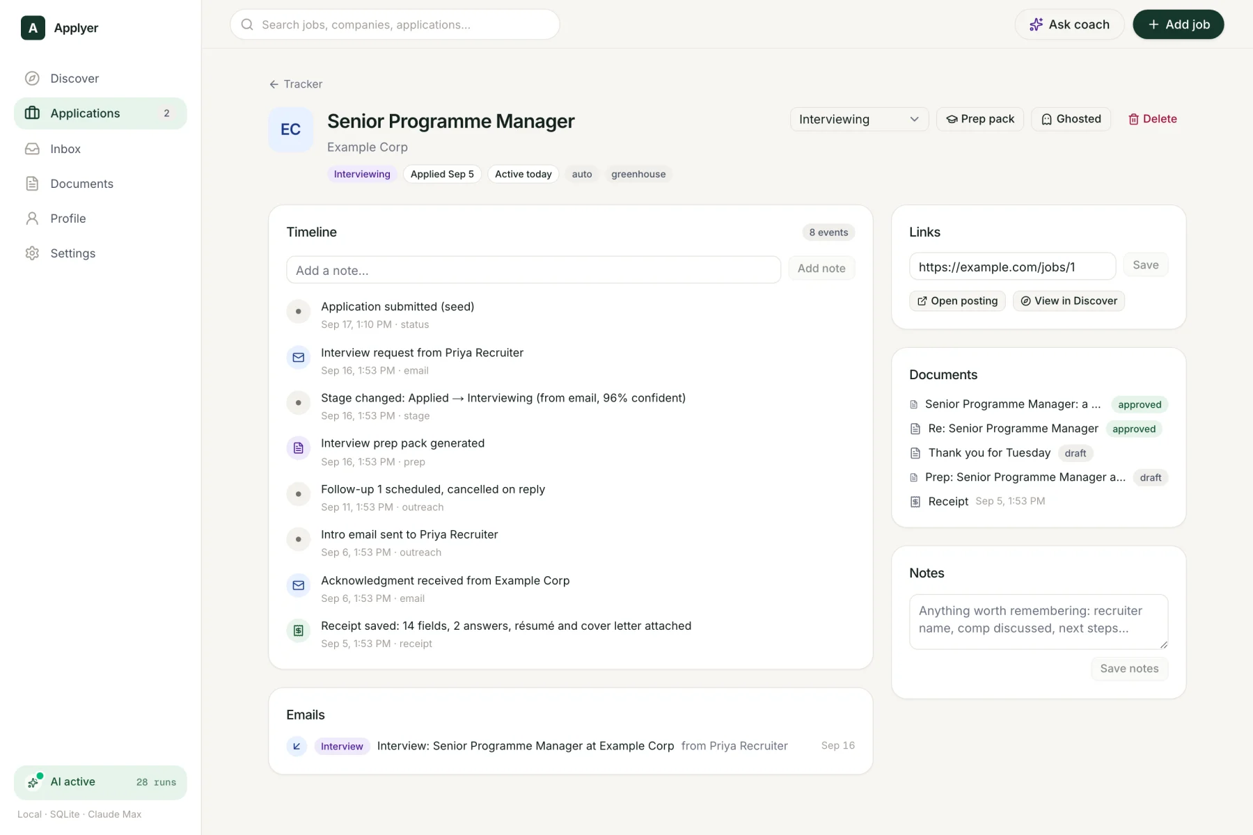 The timeline of one application with events, documents and emails