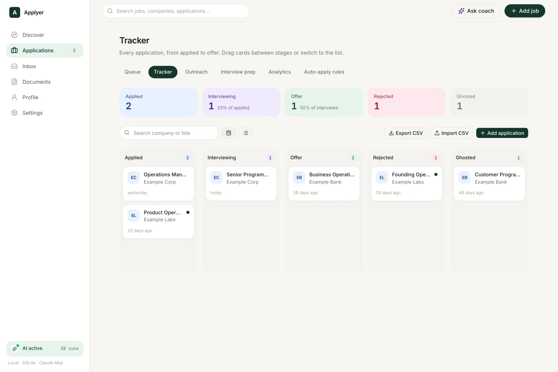 A kanban board with columns Applied, Interviewing, Offer, Rejected and Ghosted
