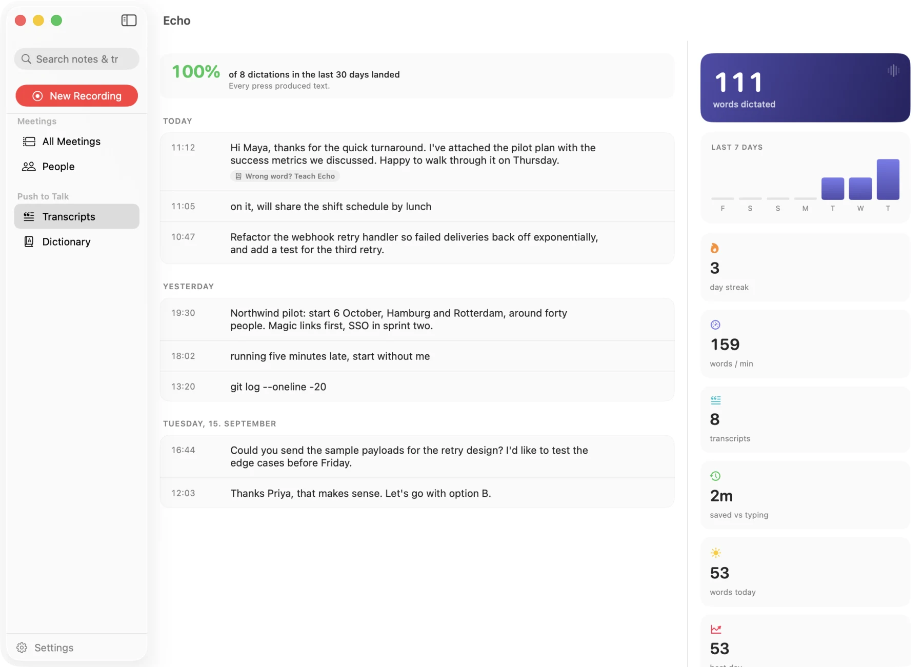 Dictation history with reliability percentage, words dictated, streak and words per minute