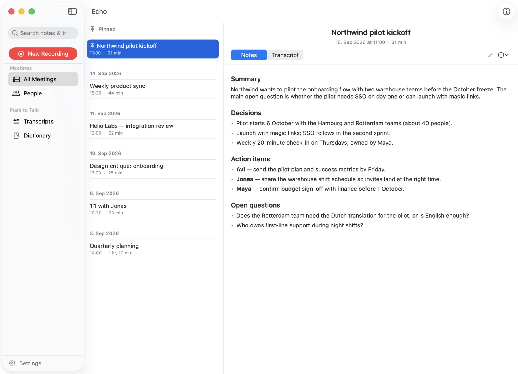 Echo showing a meeting with summary, decisions, action items and open questions