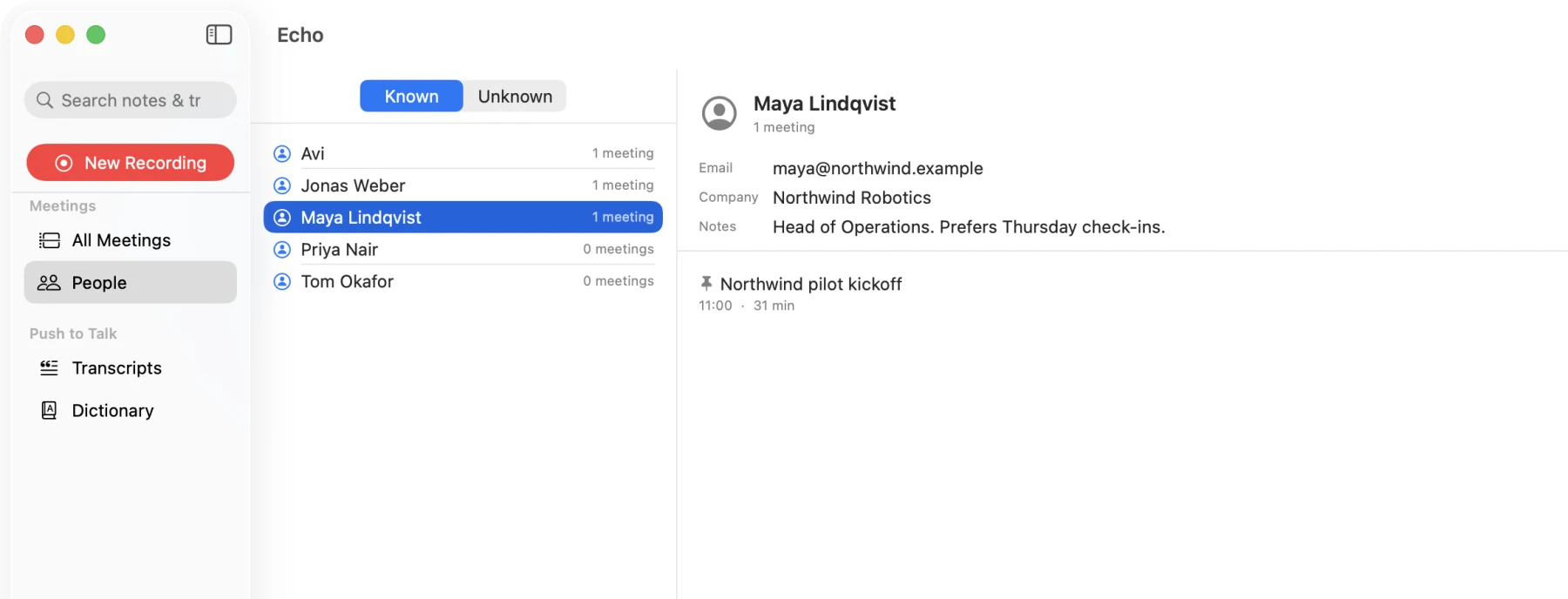 A person page showing email, company, notes and the meetings they appeared in
