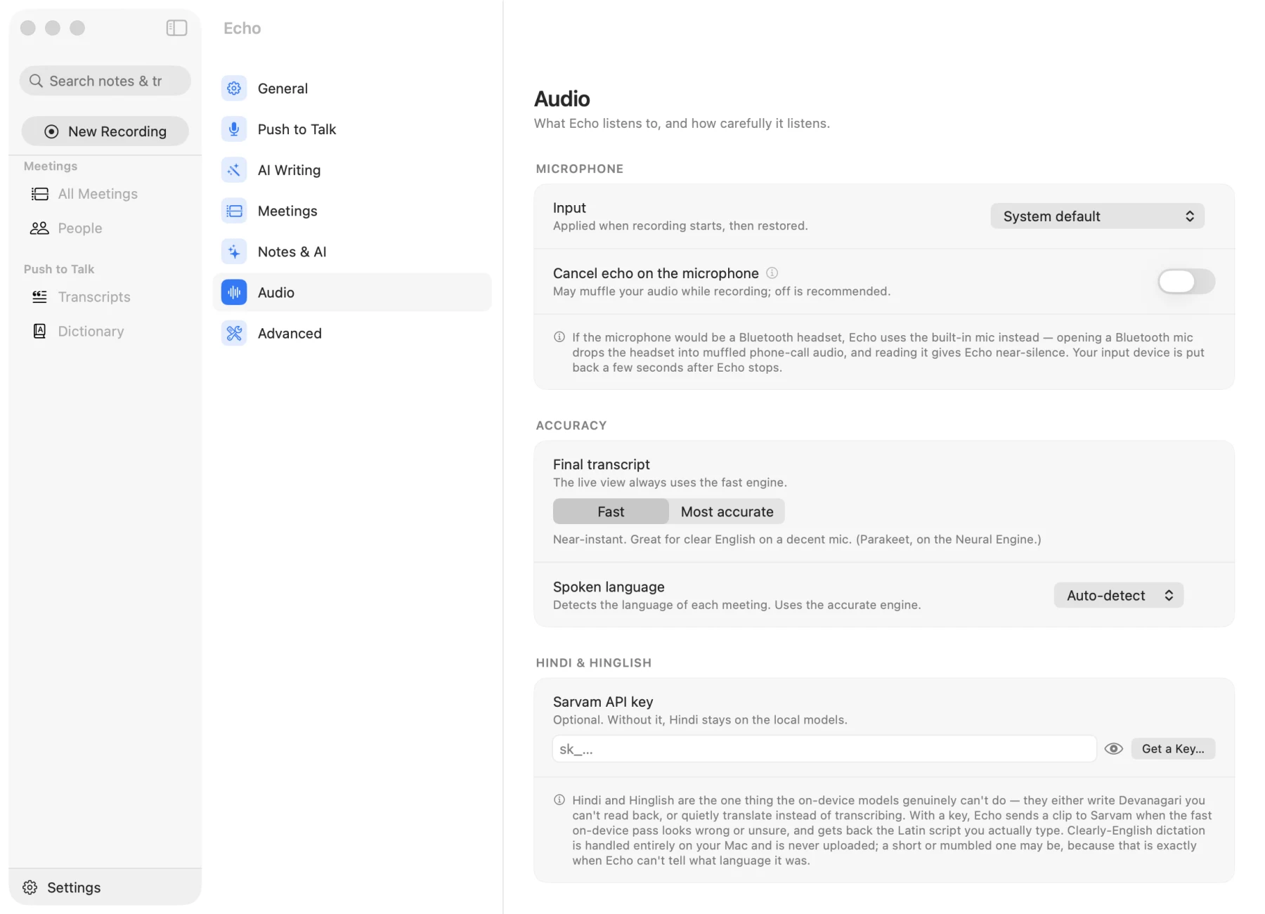Audio settings with microphone, transcription engine and the Hindi and Hinglish option
