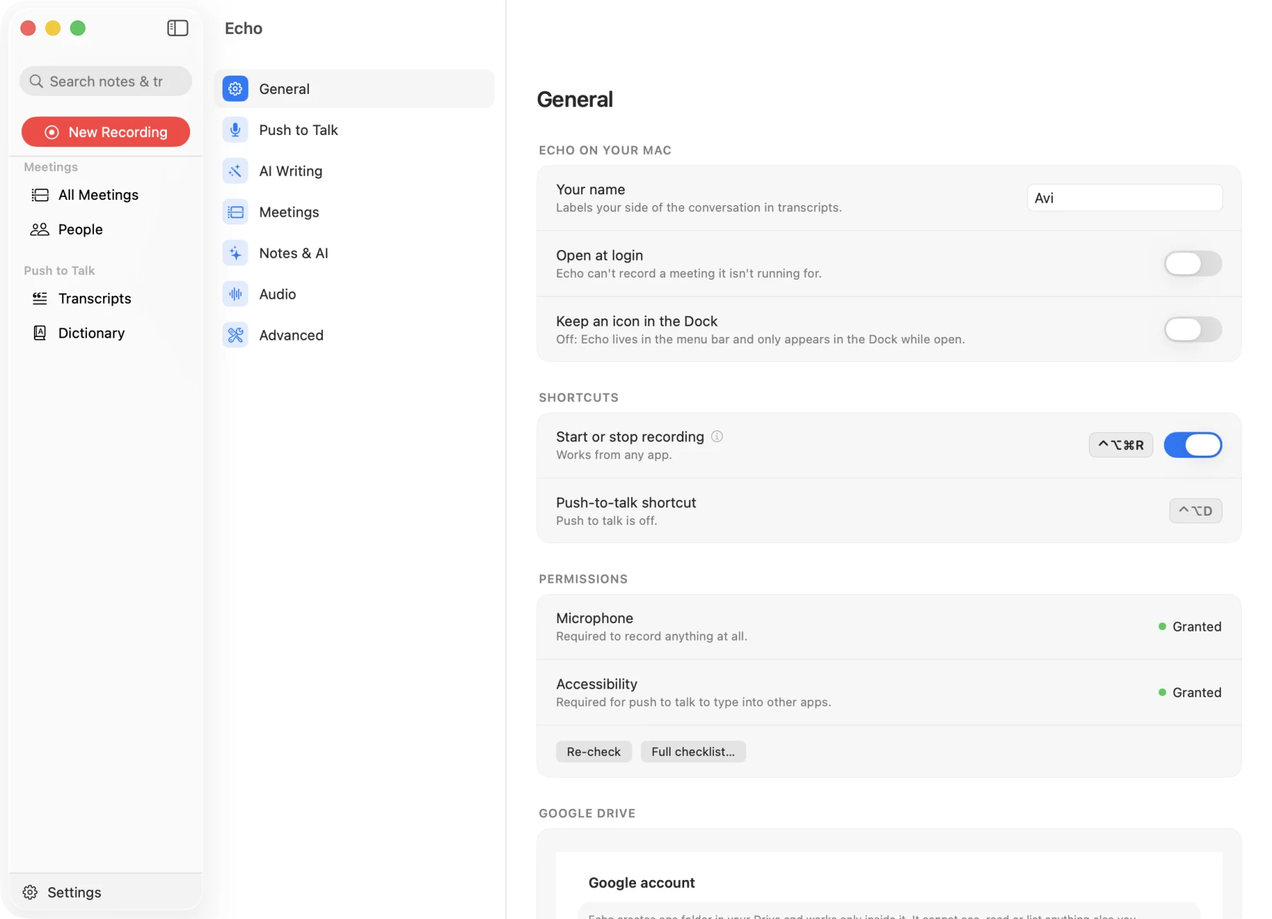 General settings with name, login item, shortcuts and permission status