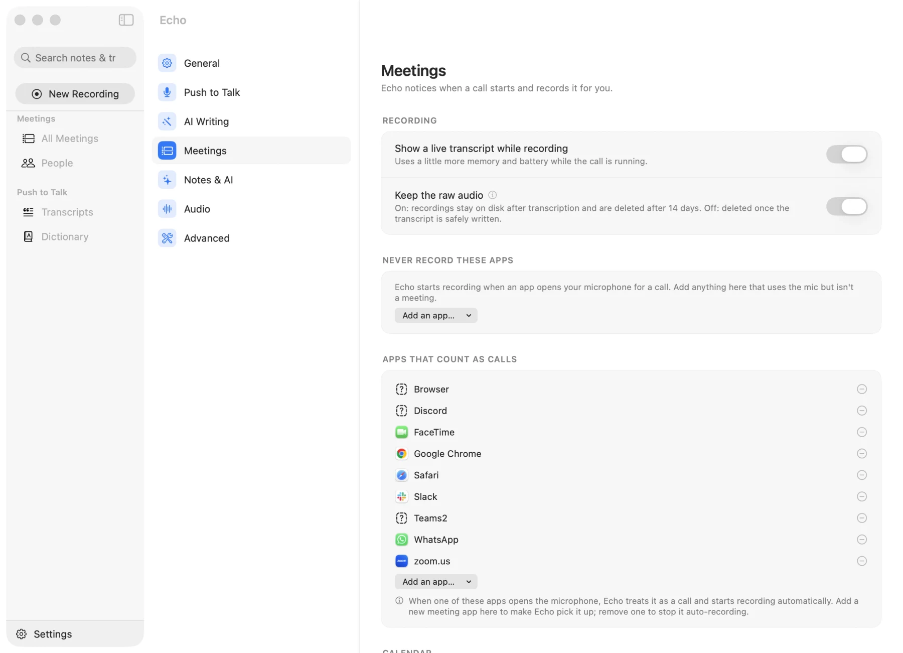 Meetings settings with a list of apps that count as calls and a never-record list
