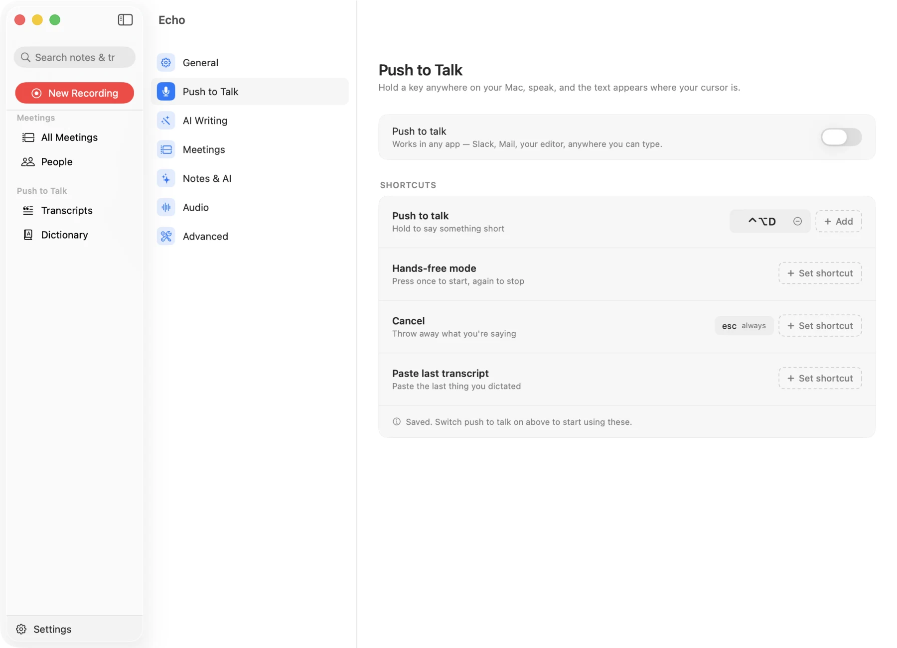 Push to Talk settings with shortcuts for hold, hands-free, cancel and paste last transcript