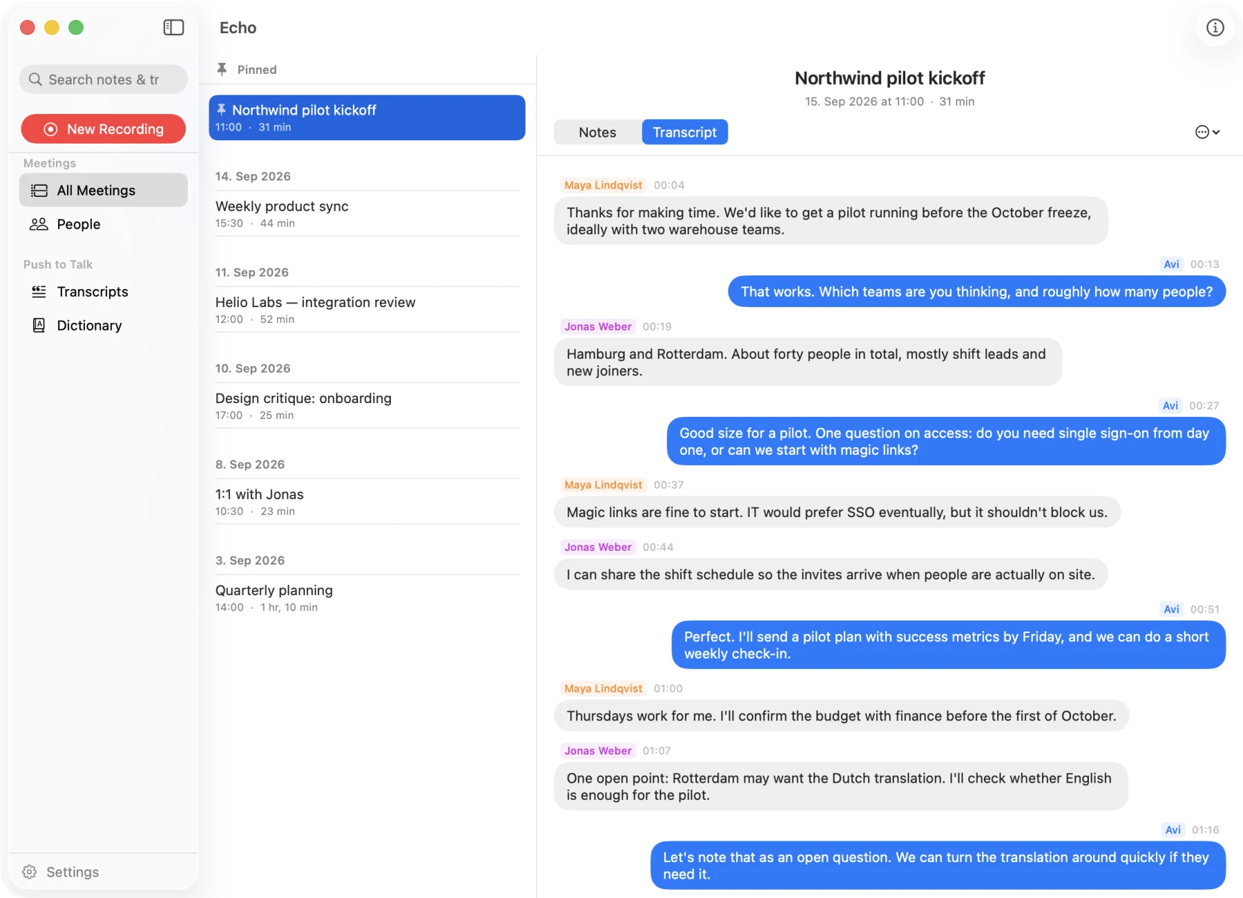 A transcript with colour-coded speakers and timestamps