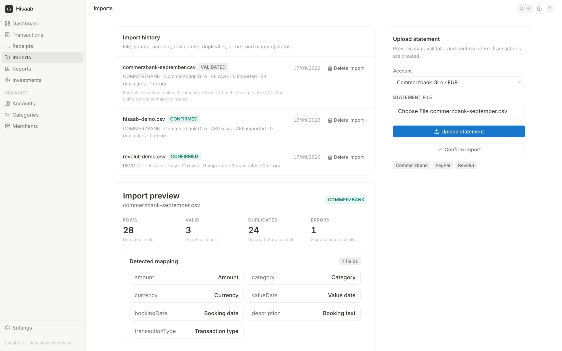 Import preview with 28 rows, 3 valid, 24 duplicates and 1 error