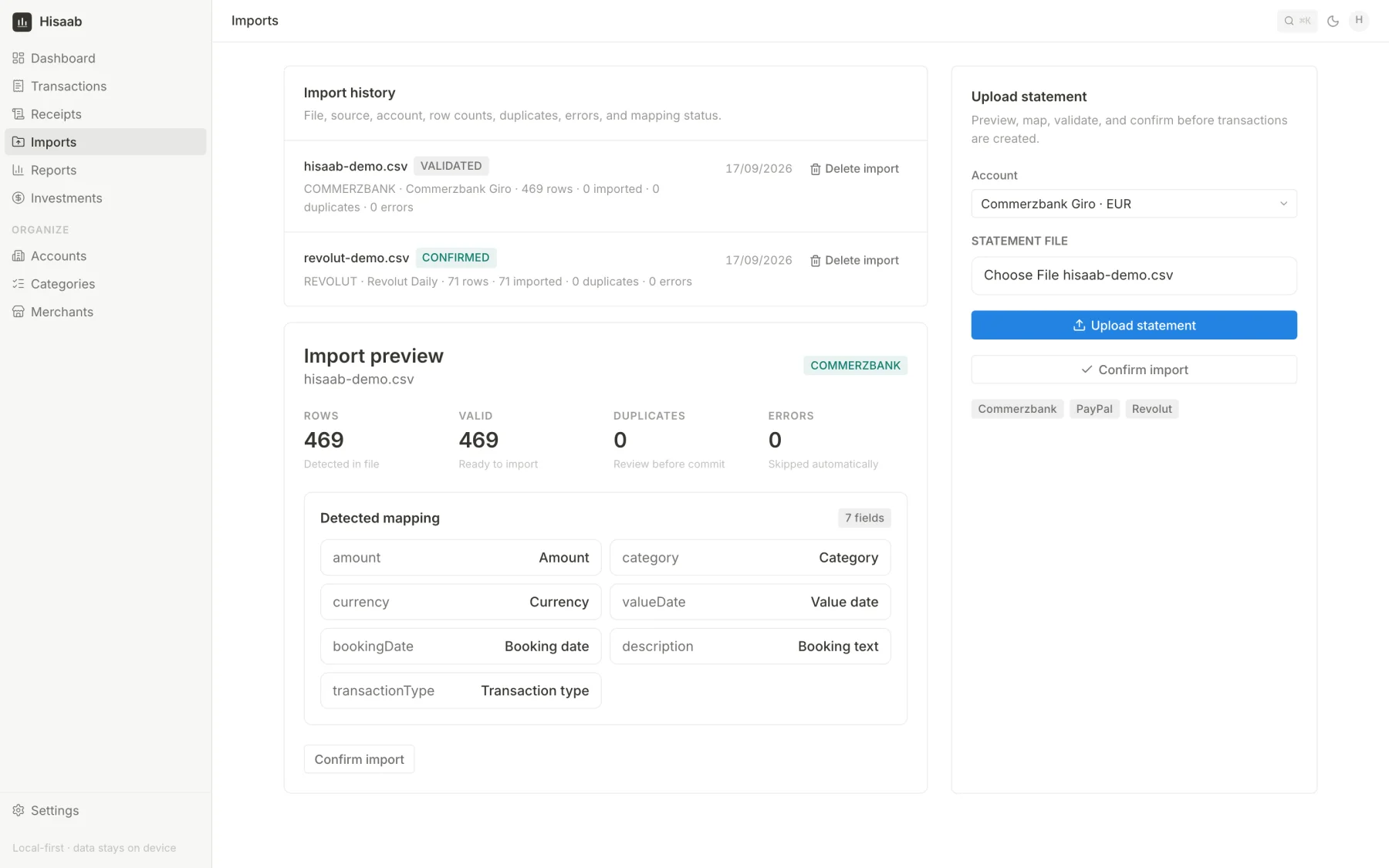 Import preview showing 469 rows detected, 469 valid, 0 duplicates, 0 errors and the detected column mapping