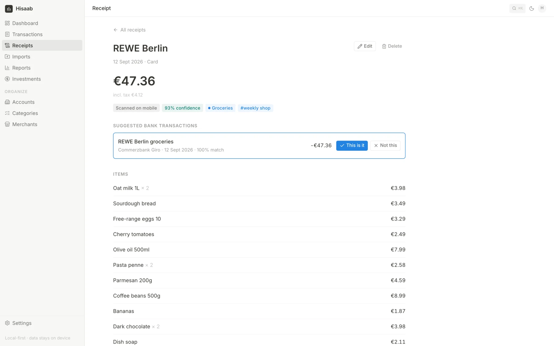 Receipt from a supermarket with line items and a suggested matching bank transaction