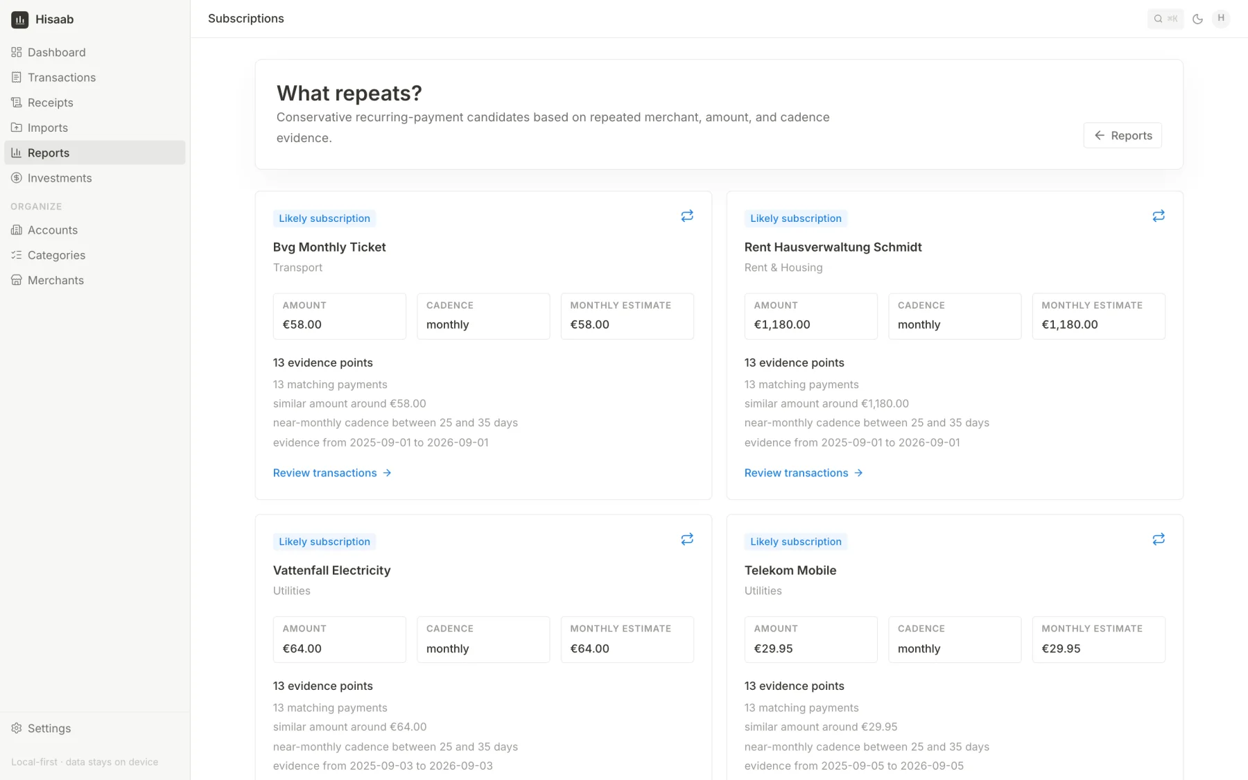Recurring payment cards showing amount, cadence, monthly estimate and evidence