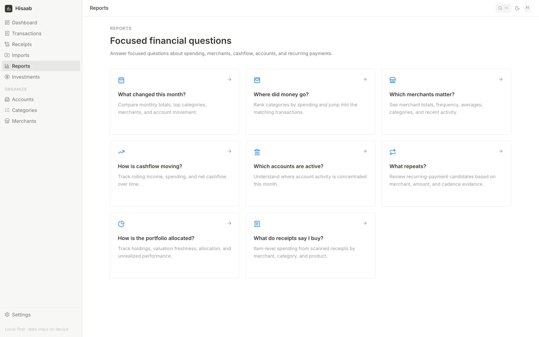 Reports hub with eight cards, each phrased as a question