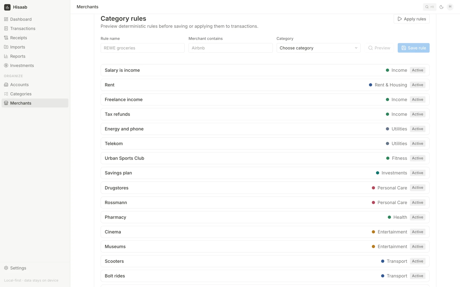 List of category rules with their target categories