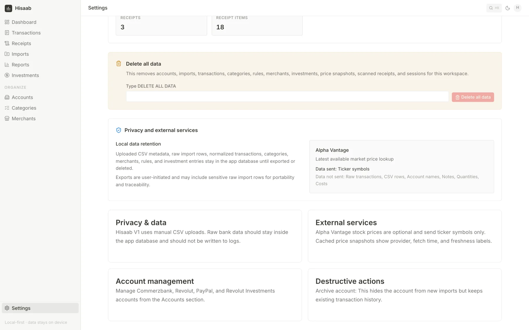 Privacy panel listing what is sent to external services and what is not