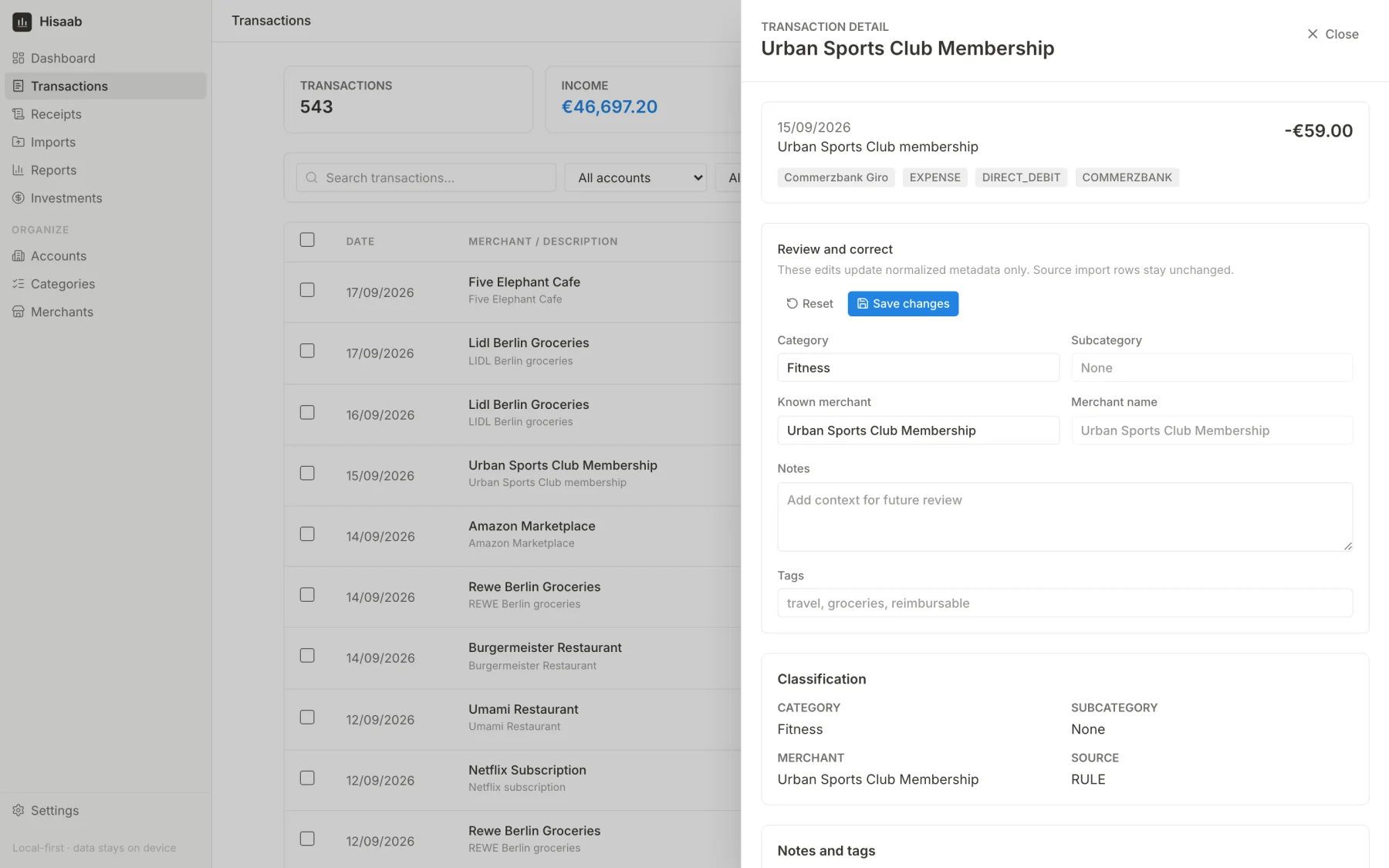 Transaction detail panel showing category, merchant, notes, tags and classification source
