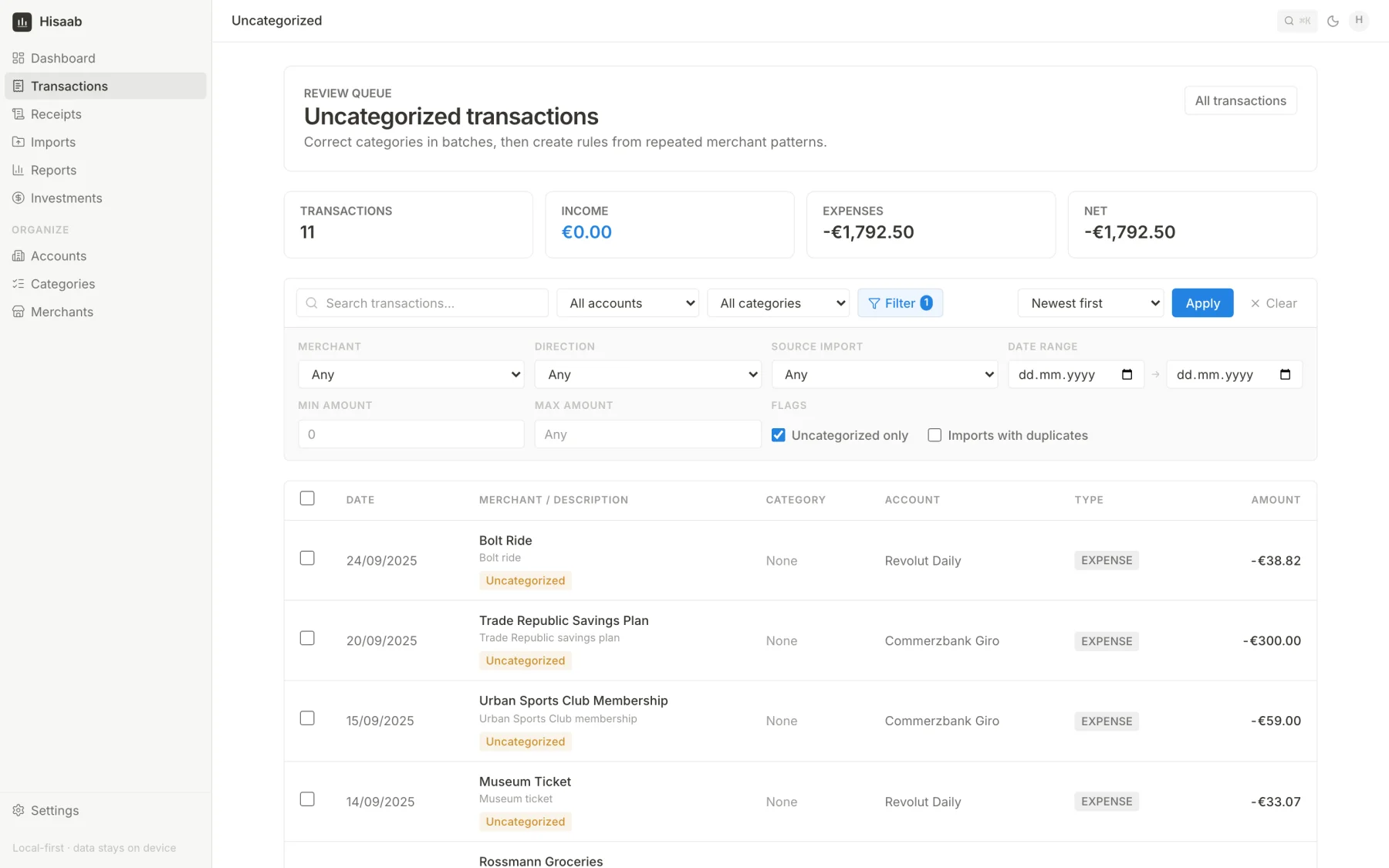 Review queue listing uncategorised transactions with filters