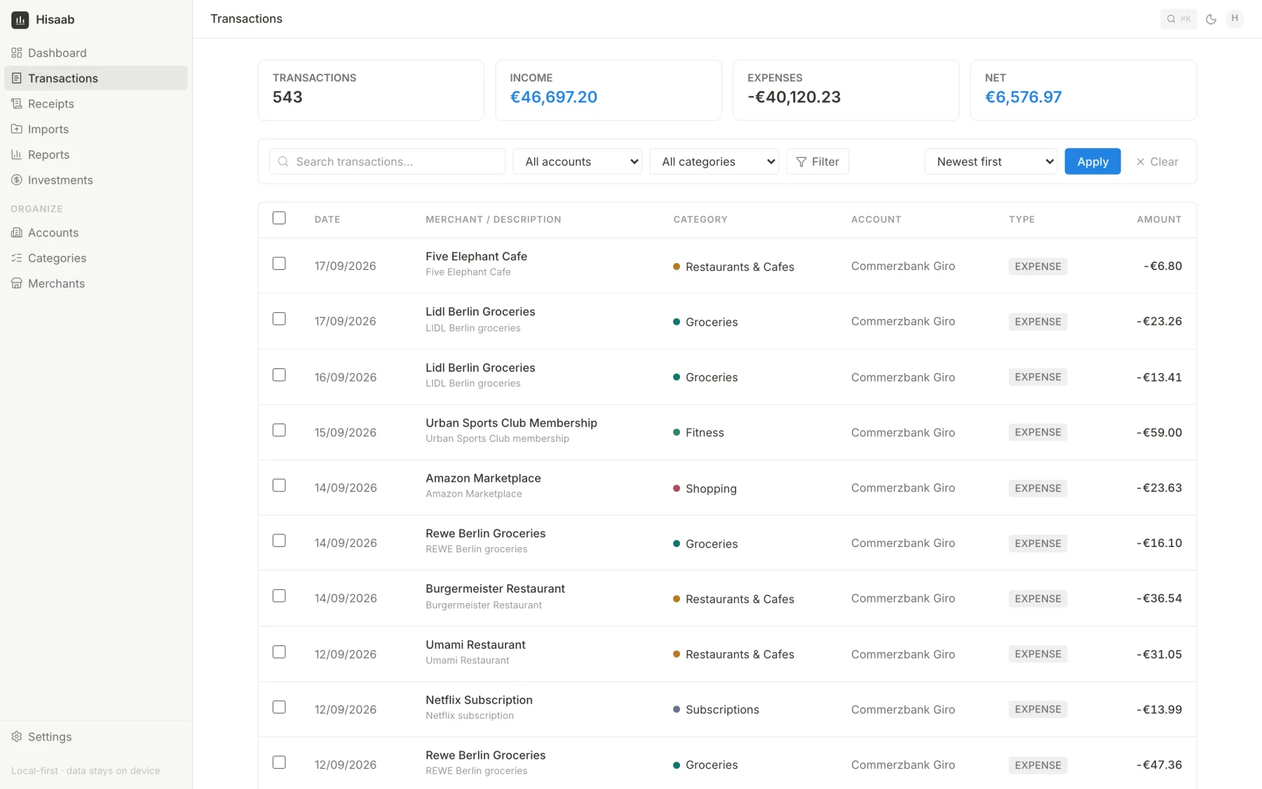 Transactions table with totals, search, filters and categorised rows