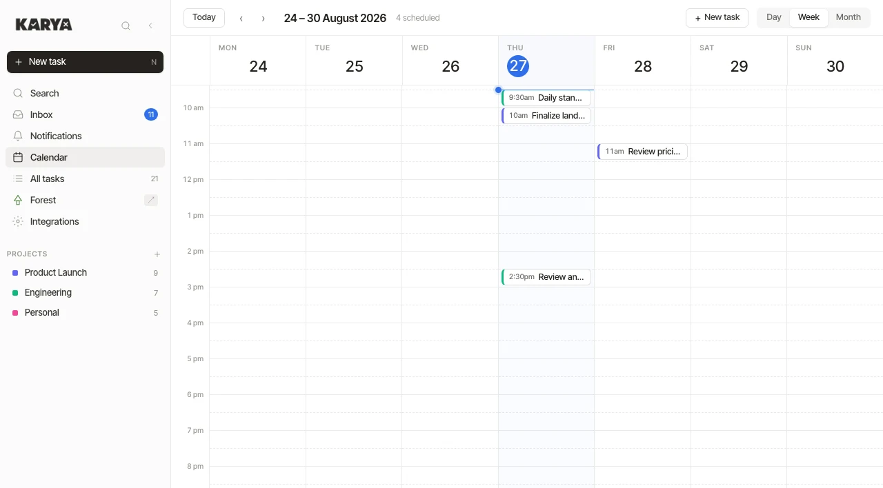 Weekly calendar with scheduled tasks