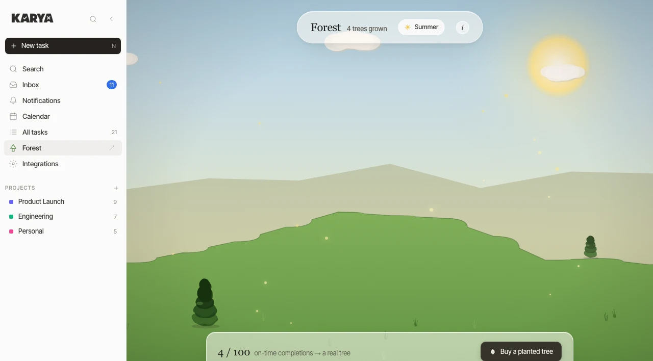 An illustrated summer landscape with a few trees and a progress panel
