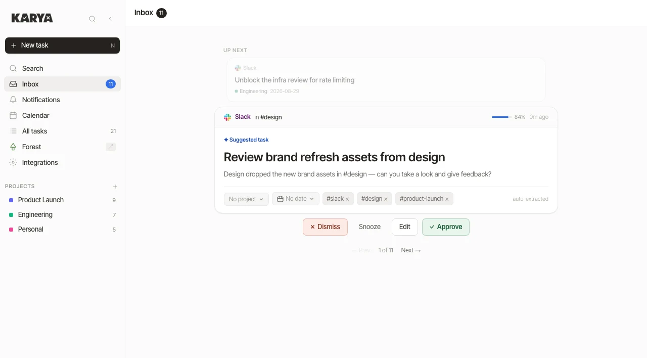 Karya inbox showing a suggested task taken from a Slack message