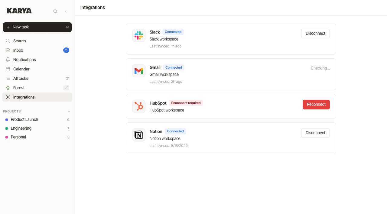 Integration cards for Slack, Gmail, HubSpot and Notion with connection status