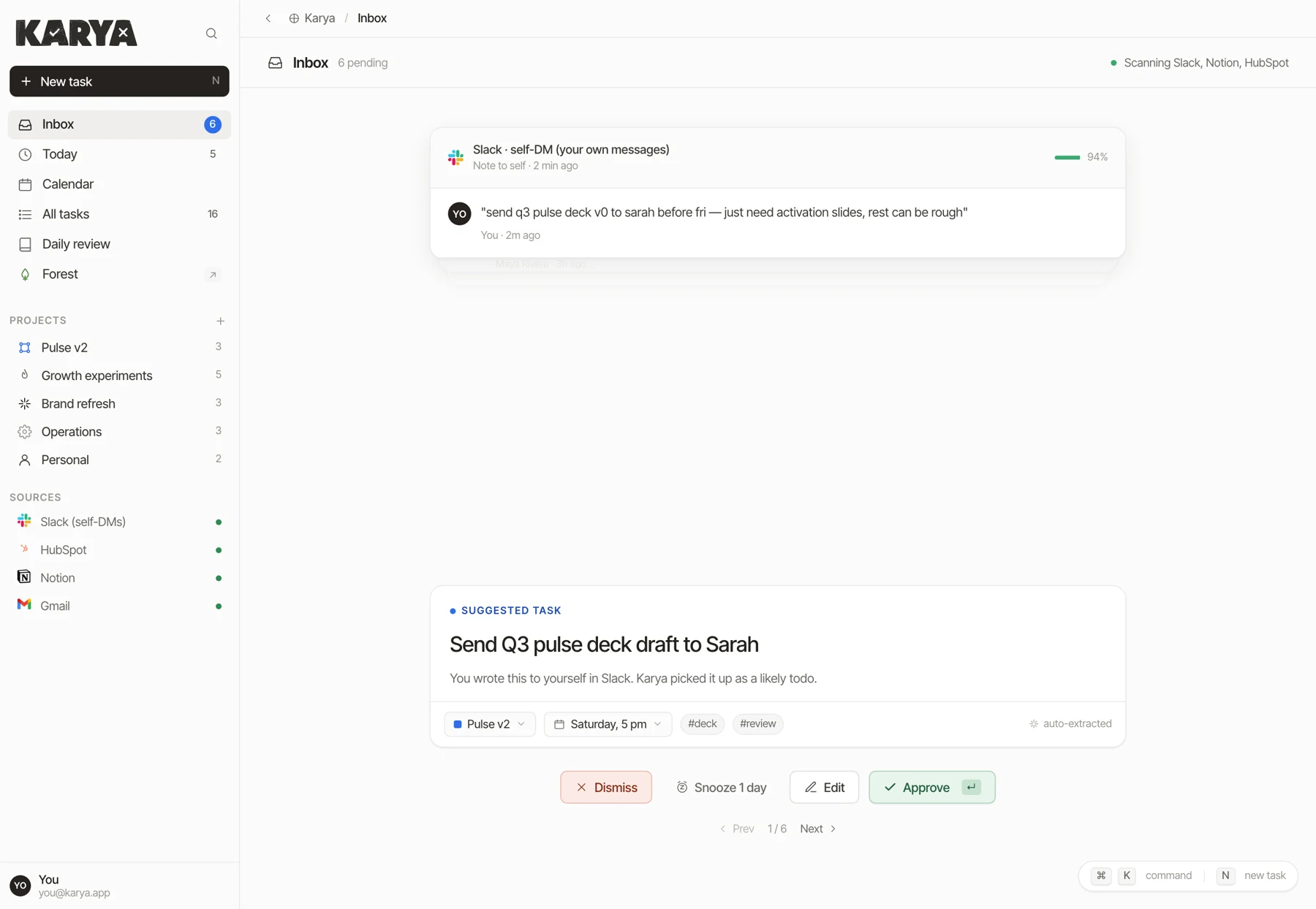Prototype inbox showing the original Slack message above the suggested task