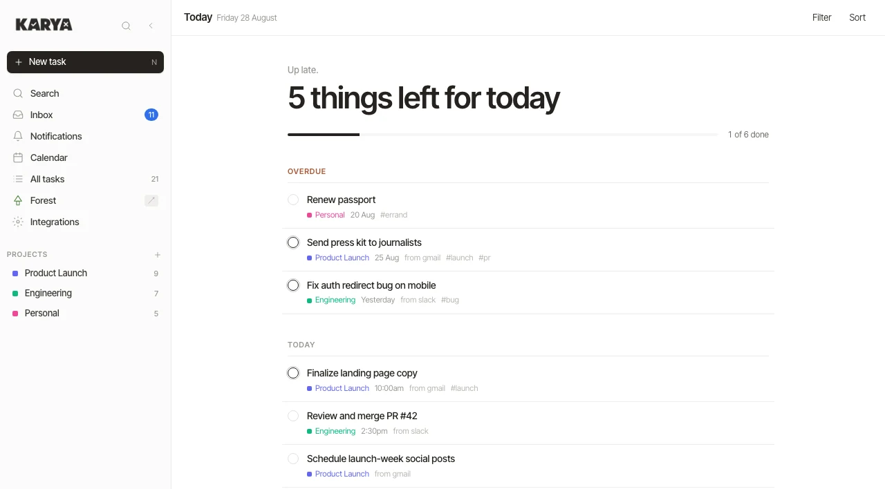 The Today view listing overdue tasks and tasks for today